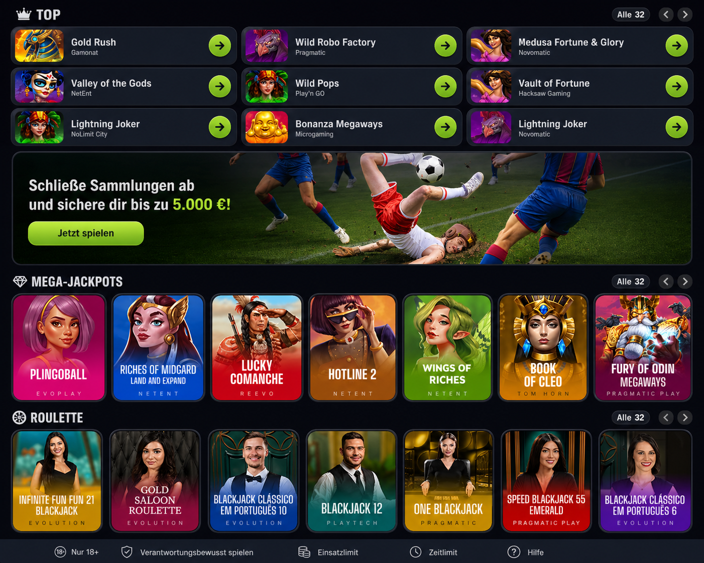 Screenshot of a casino website featuring diverse games like poker, blackjack, and slot machines